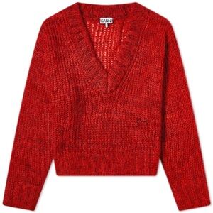 GANNI MOHAIR V-NECK PULLOVER JUMPER in Fiery Red L/XL